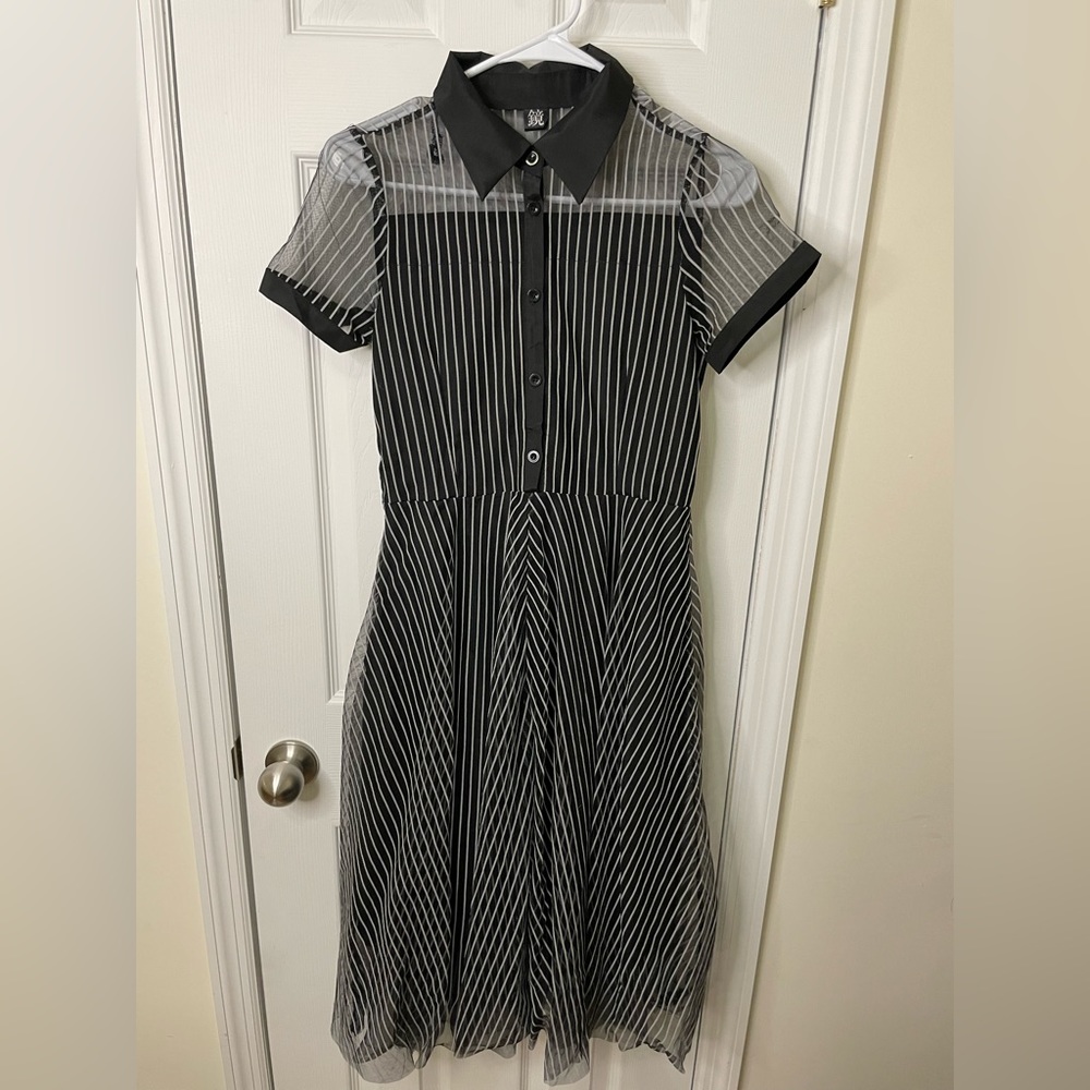 Dress Black Collared Pinstripes Mesh Lined Tutu Short Sleeves Midi Limited